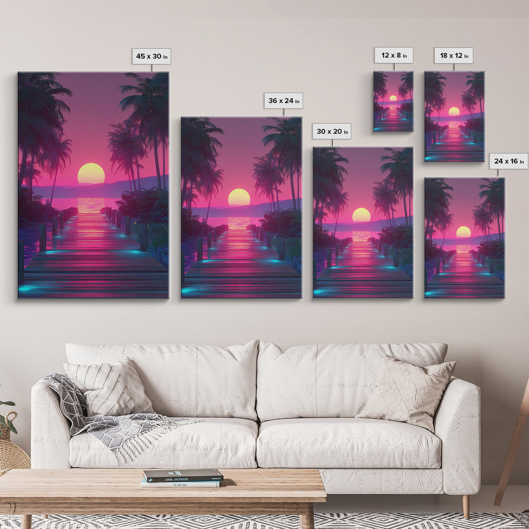 Retro Futuristic Neon Pink Sunset Over Waterfront Pier With Palm Trees Wall Art Framed Canvas Print For Vibrant Home Decor