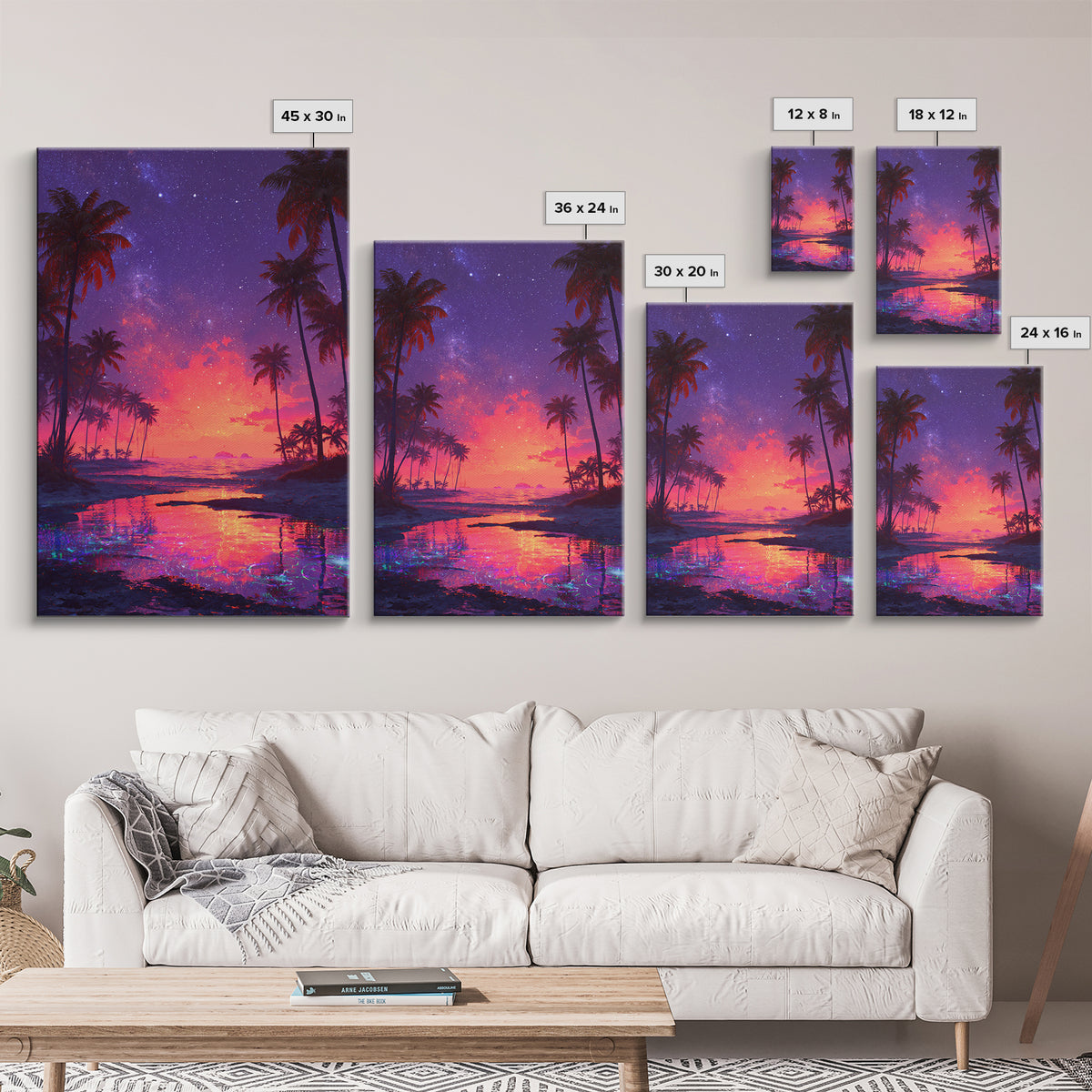 Vibrant Tropical Beach Sunset With Starry Sky Landscape Wall Art For Home Decor Framed Canvas Print