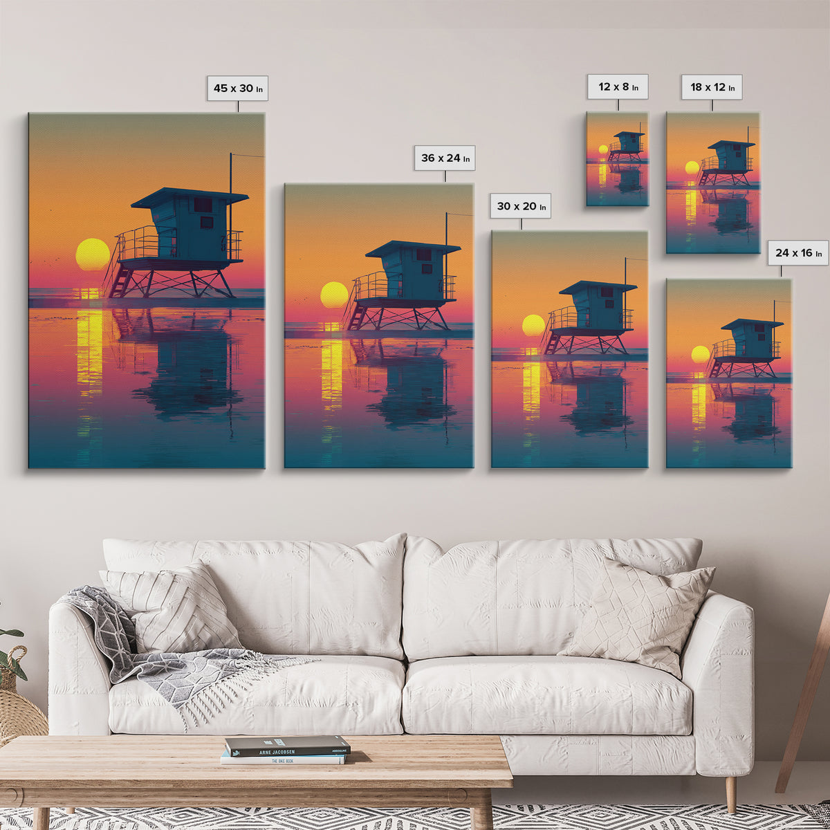 Sunset Beach Scene With Lifeguard Tower Reflecting On Water Modern Wall Art Digital Canvas Print