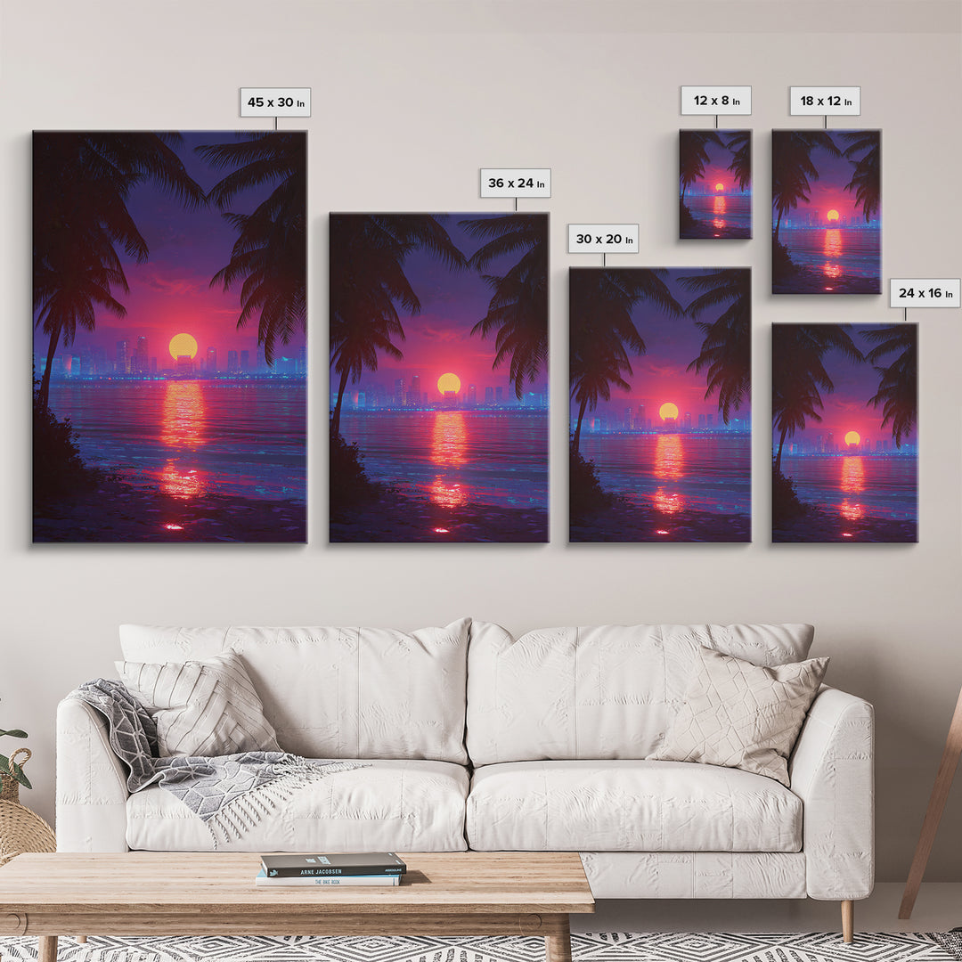 Retrowave Neon Sunset Cityscape Wall Art Canvas Print Modern Wall Art Miami Home Decor