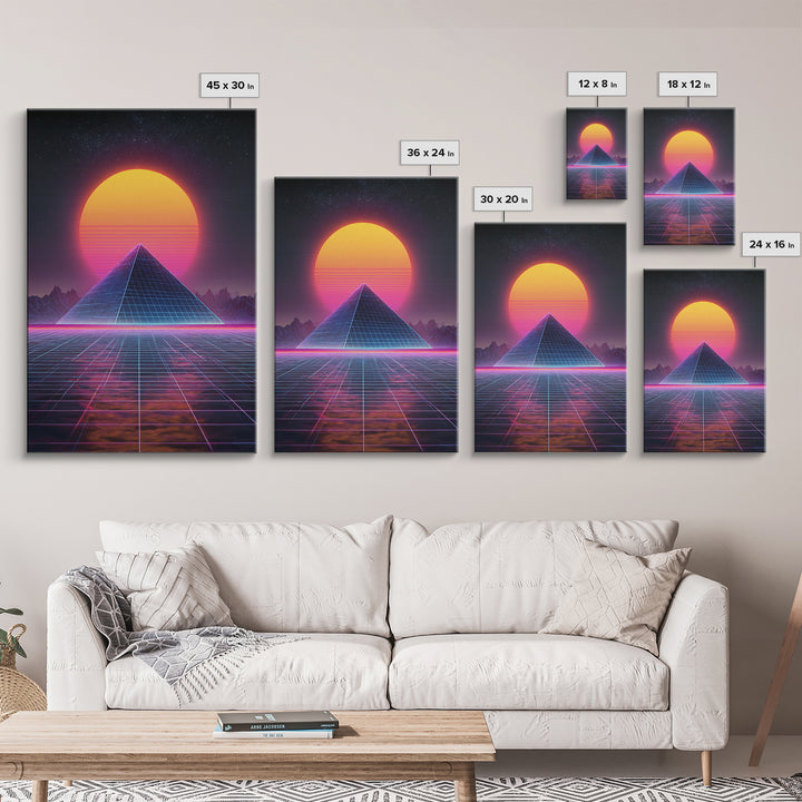 Retro Futuristic Neon Pyramid Digital Artwork Wall Art Framed Canvas Print For Sci Fi Bedroom Decor Modern Tech Art Gift