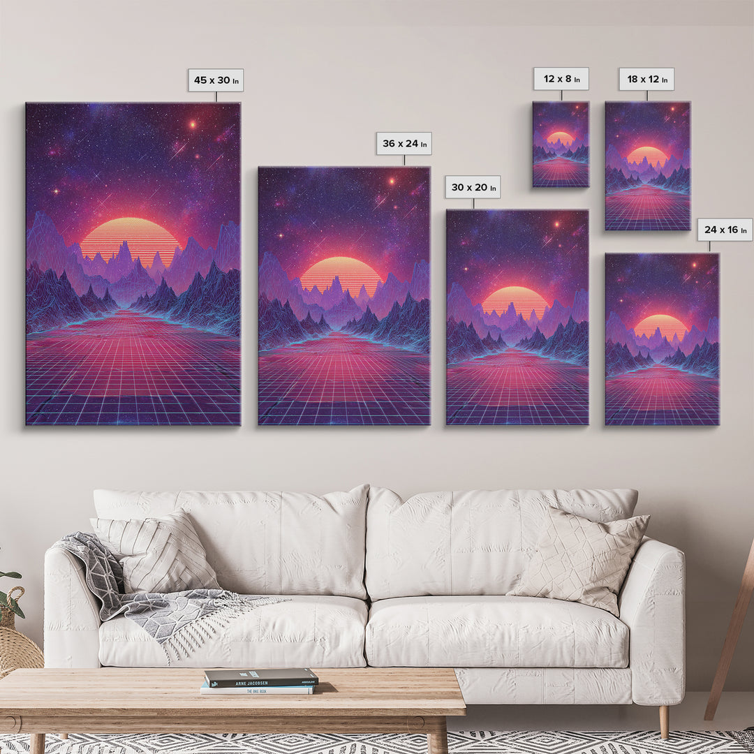 Surreal Futuristic Mountain Sunset Digital Canvas Print, Neon Grid Landscape Wall Art, Sci-Fi Inspired Modern Decor