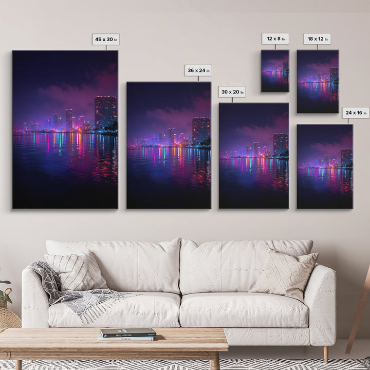 Miami City Lights Neon Reflection At Night Urban Wall Art Modern Canvas Print For Office Decor And Living Room