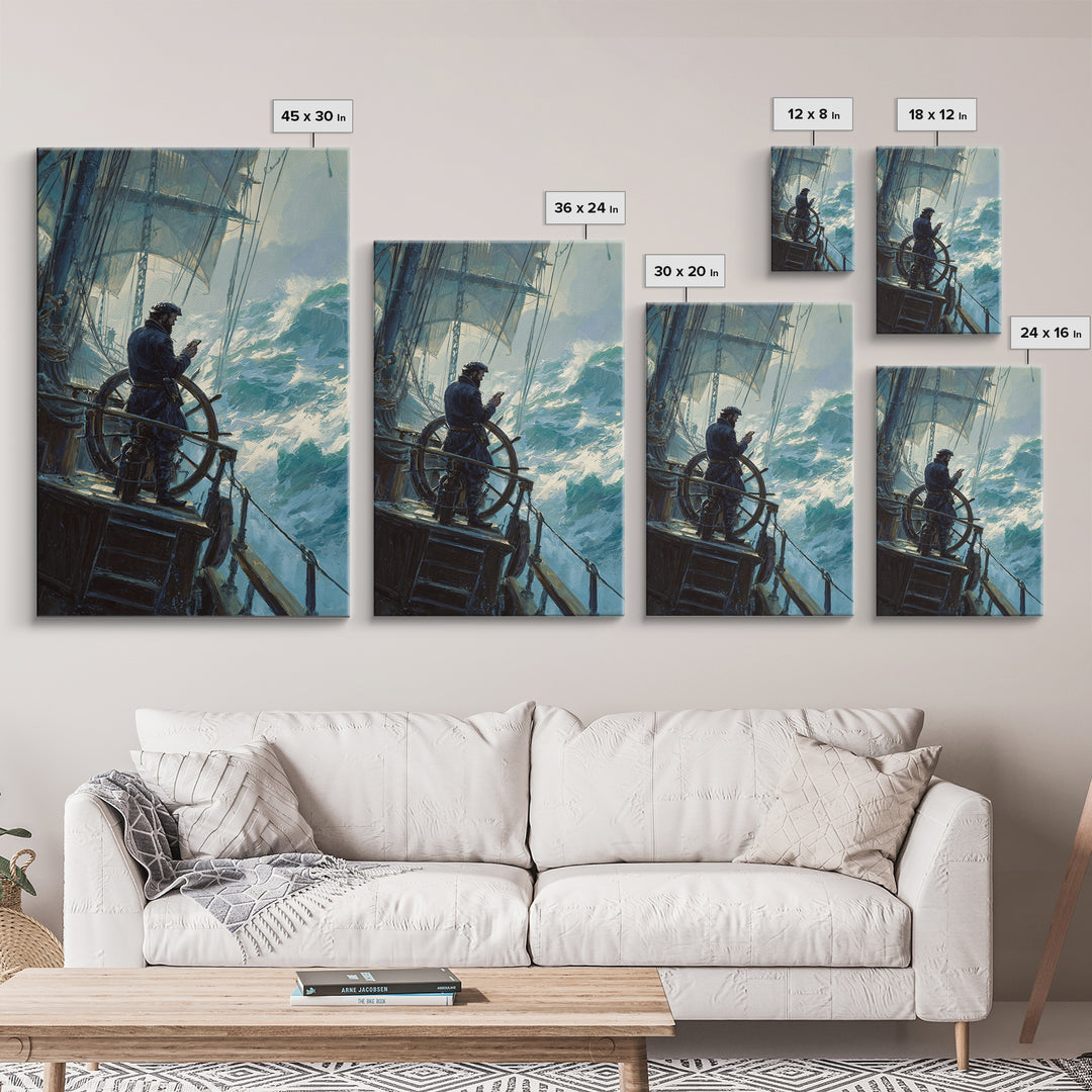 Stormy Sailor At Ship Wheel Large Canvas Print, Nautical Seascape Wall Art, Ocean Painting, Coastal Decor For Living Room