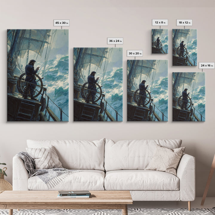 Stormy Sailor At Ship Wheel Large Canvas Print, Nautical Seascape Wall Art, Ocean Painting, Coastal Decor For Living Room