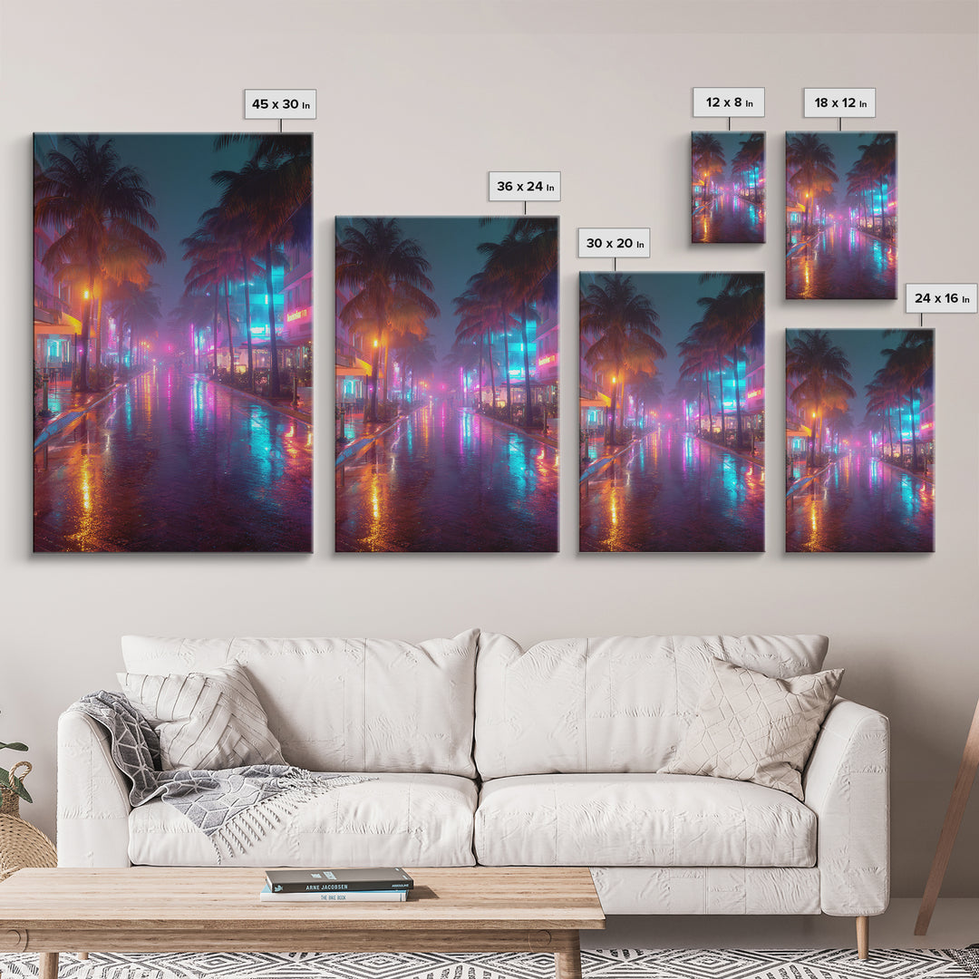 Wet Neon City Street At Night Rainfall Reflection Wall Art Modern Canvas Print For Bedroom And Living Room Decor