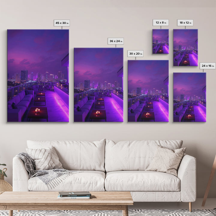 Modern City Nightscape With Vibrant Purple Neon Lights Wall Art Canvas Print Trendy Home Décor For Living Room
