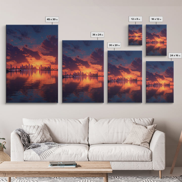 Stunning City Skyline Sunset Landscape Reflection Wall Art Canvas Print For Modern Home Decor
