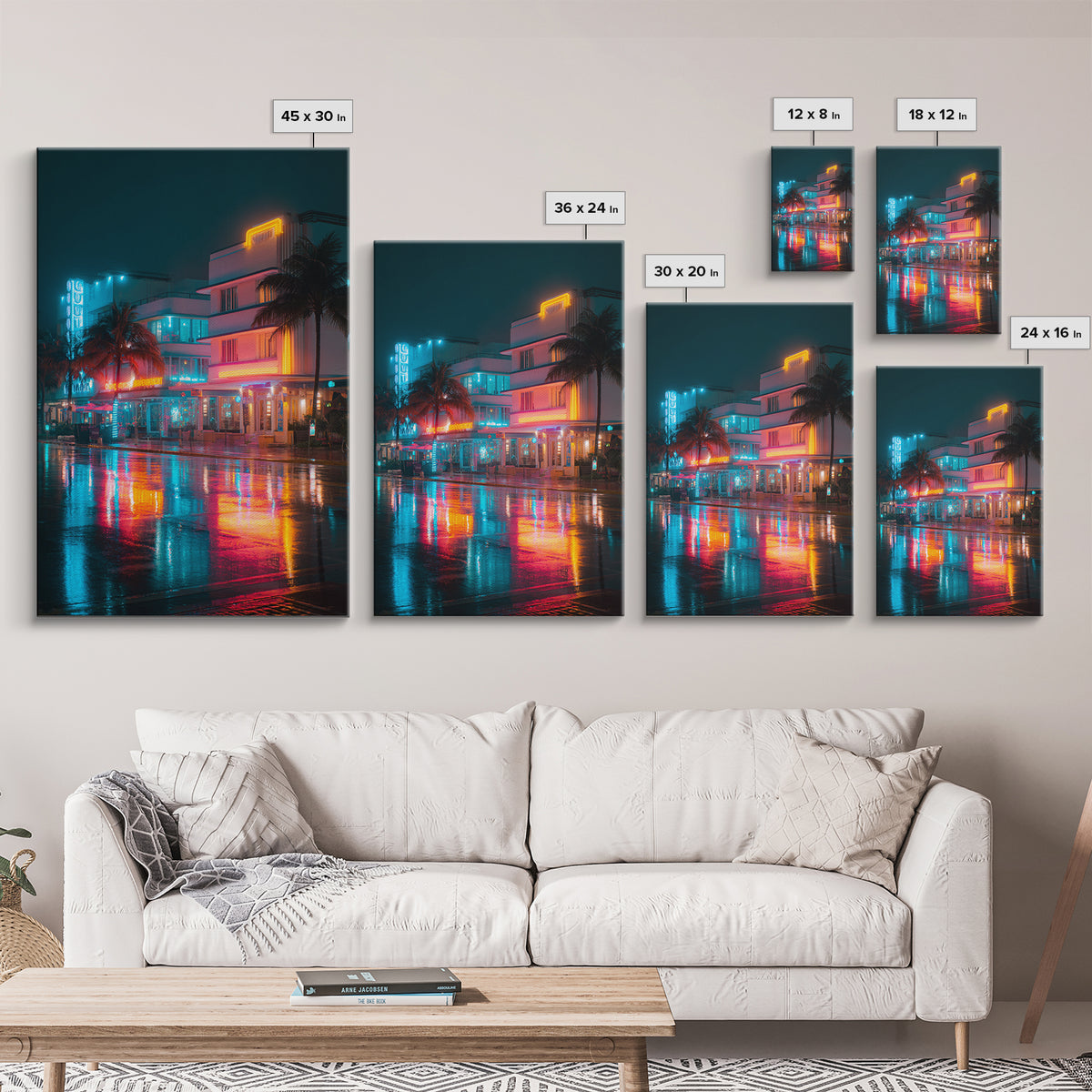Neon City Night Scene With Palm Trees And Vibrant Lights Ultra Modern Wall Art Framed Canvas Print For Urban Home Decor