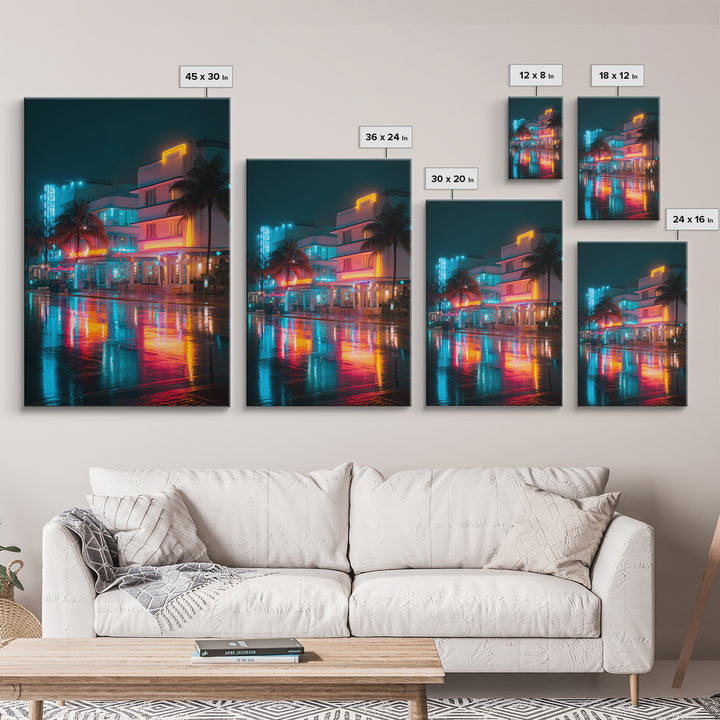 Neon City Night Scene With Palm Trees And Vibrant Lights Ultra Modern Wall Art Framed Canvas Print For Urban Home Decor