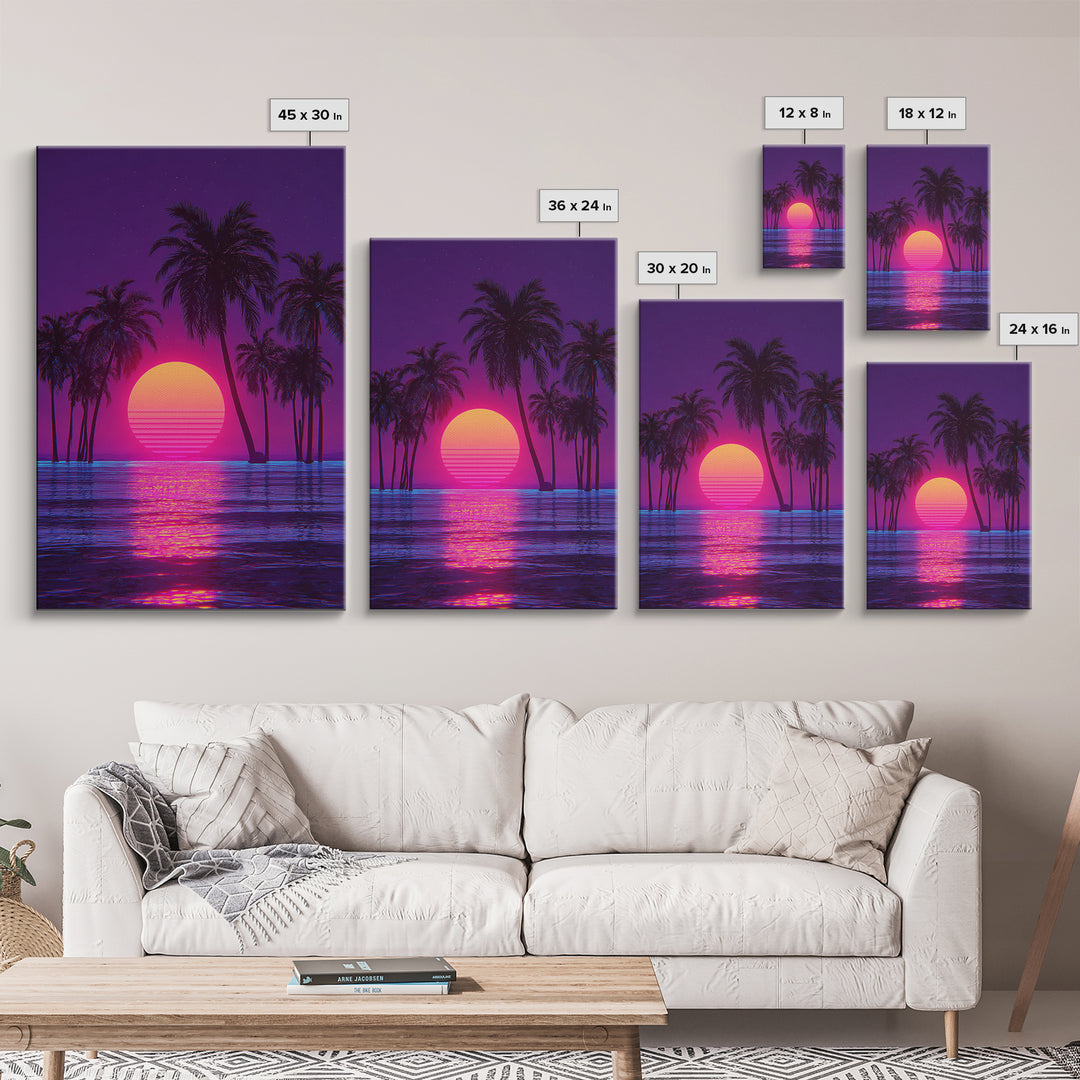 Vivid Neon Sunset With Palm Trees And Reflective Waterfall Retro Futuristic Landscape Wall Art Canvas Print
