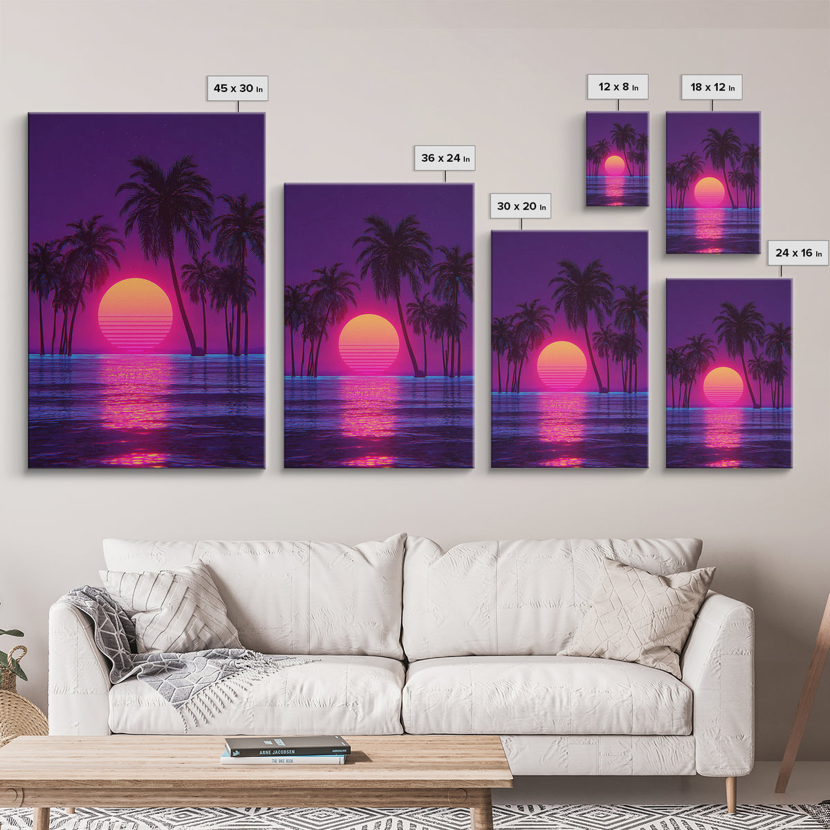 Vivid Neon Sunset With Palm Trees And Reflective Waterfall Retro Futuristic Landscape Wall Art Canvas Print