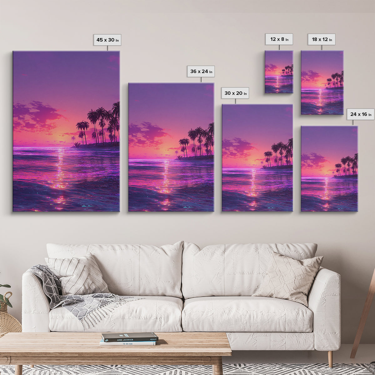 Vibrant Neon Pink And Purple Tropical Sunset With Palm Trees Coastal Wall Art Canvas Print For Modern Beach Decor