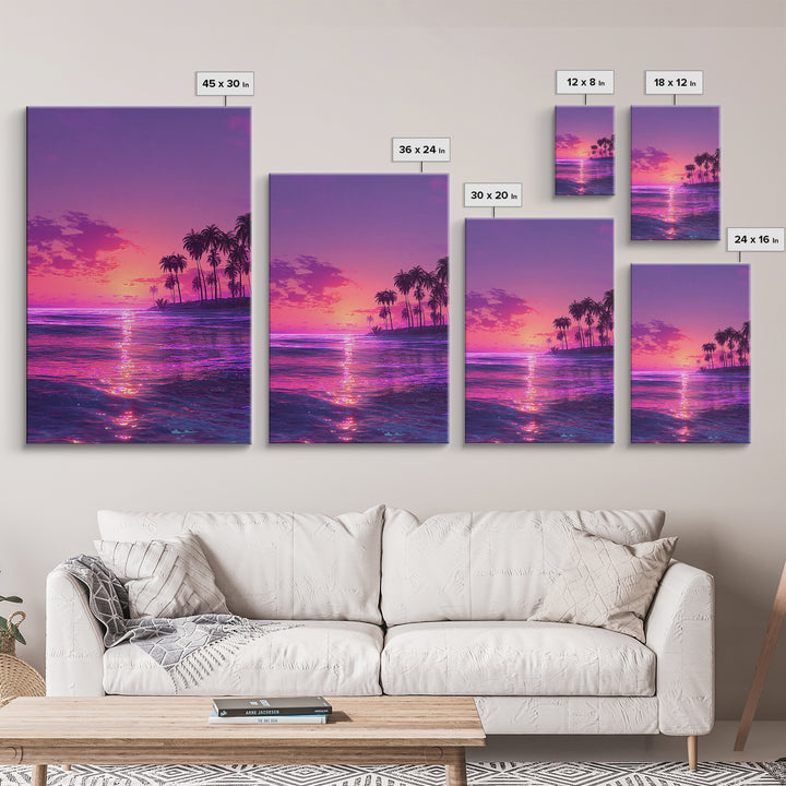 Vibrant Neon Pink And Purple Tropical Sunset With Palm Trees Coastal Wall Art Canvas Print For Modern Beach Decor