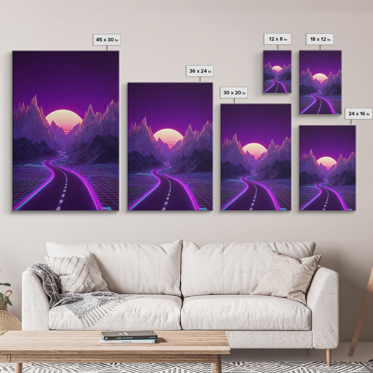 Cyberpunk Cityscape At Night With Purple Neon Lights Reflecting On Water Modern Wall Art Framed Canvas Print For Trendy Decor
