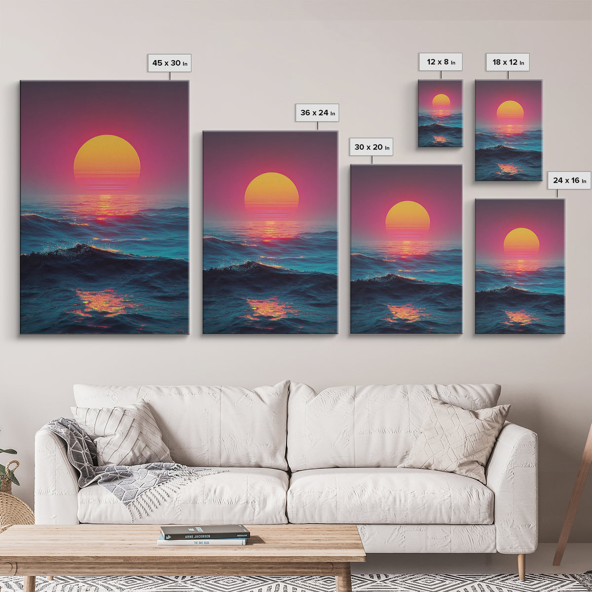 Vibrant Sunset Over Ocean With Pink And Yellow Sun Reflection Canvas Print For Modern Coastal Wall Art Decor