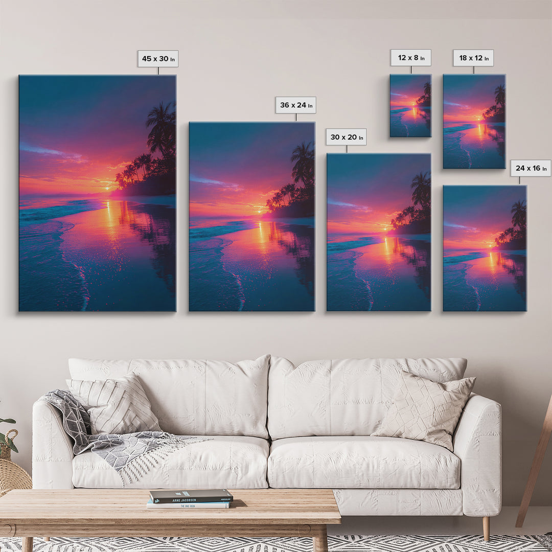 Colorful Tropical Beach Sunset With Palm Trees Vibrant Landscape Wall Art Modern Framed Canvas Print Coastal Home Decor