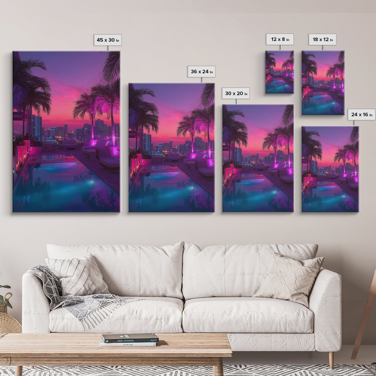 Modern Rooftop Pool Sunset Miami Cityscape Night View Wall Art Canvas Print For Office Living Room Decor