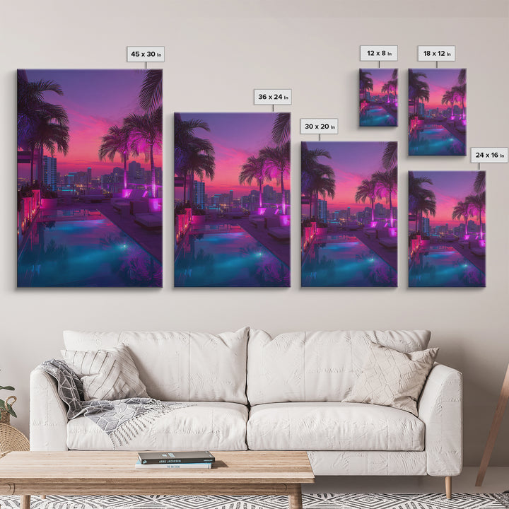 Modern Rooftop Pool Sunset Miami Cityscape Night View Wall Art Canvas Print For Office Living Room Decor