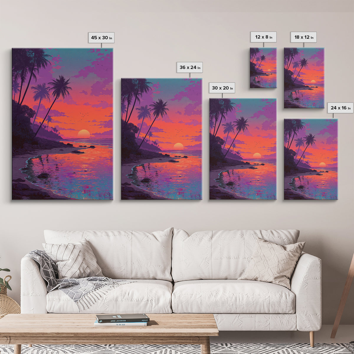 Colorful Tropical Sunset Beach With Palm Trees Reflecting In Water Vibrant Wall Art Canvas Print