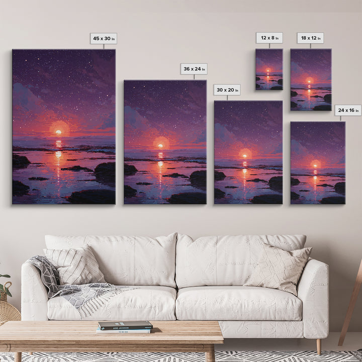 Stunning Starry Night Ocean Sunset Digital Painting Colorful Wall Art Canvas Print Modern Coastal Decor
