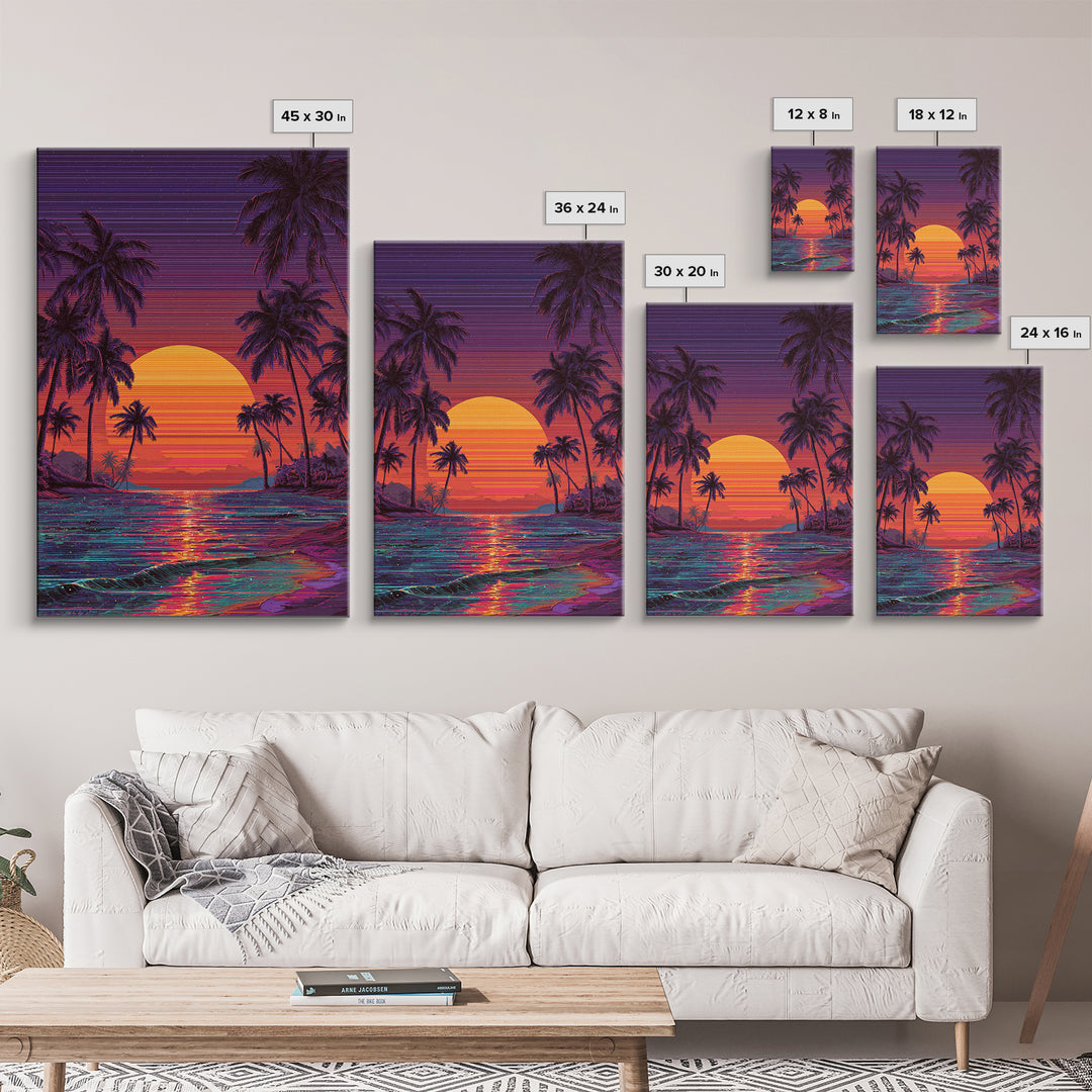 Vibrant Retro Sunset Beach Scene Canvas Print Featuring Palm Trees And Ocean Waves Colorful Coastal Wall Art Home Decor