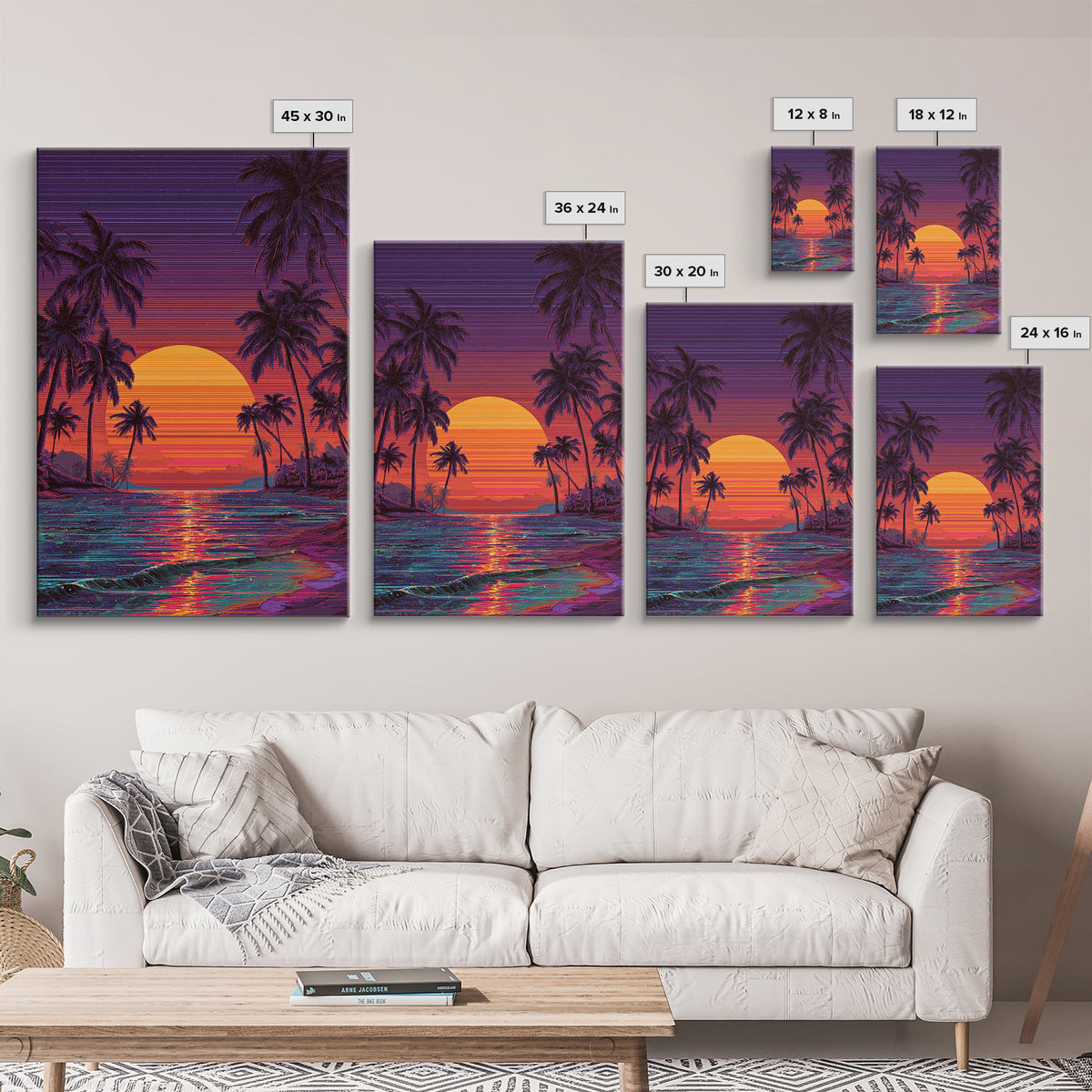 Vibrant Retro Sunset Beach Scene Canvas Print Featuring Palm Trees And Ocean Waves Colorful Coastal Wall Art Home Decor