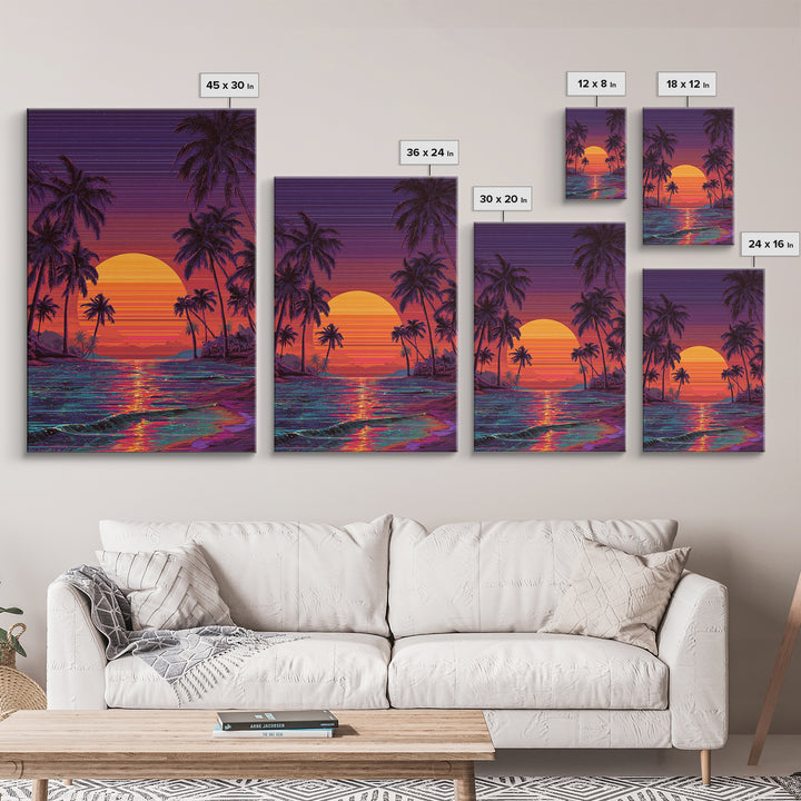 Vibrant Retro Sunset Beach Scene Canvas Print Featuring Palm Trees And Ocean Waves Colorful Coastal Wall Art Home Decor