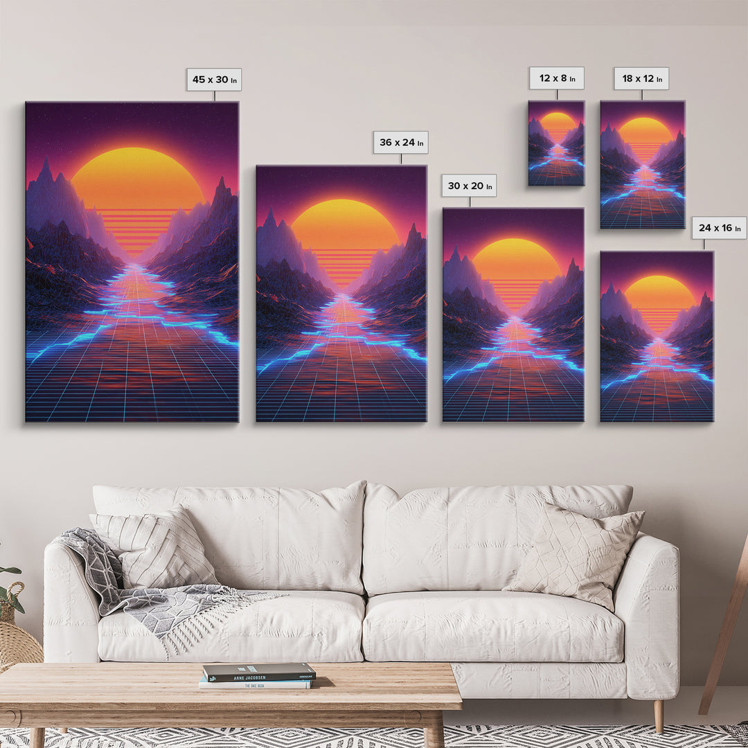 Retro Synthwave Landscape With Neon Grid Road And Large Sun Wall Art Canvas Print For Modern Living Room Decor