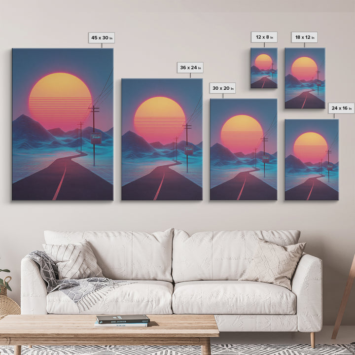 Synthwave Landscape With Electric Colors Neon Sun And Grid Mountains Digital Wall Art Canvas Print