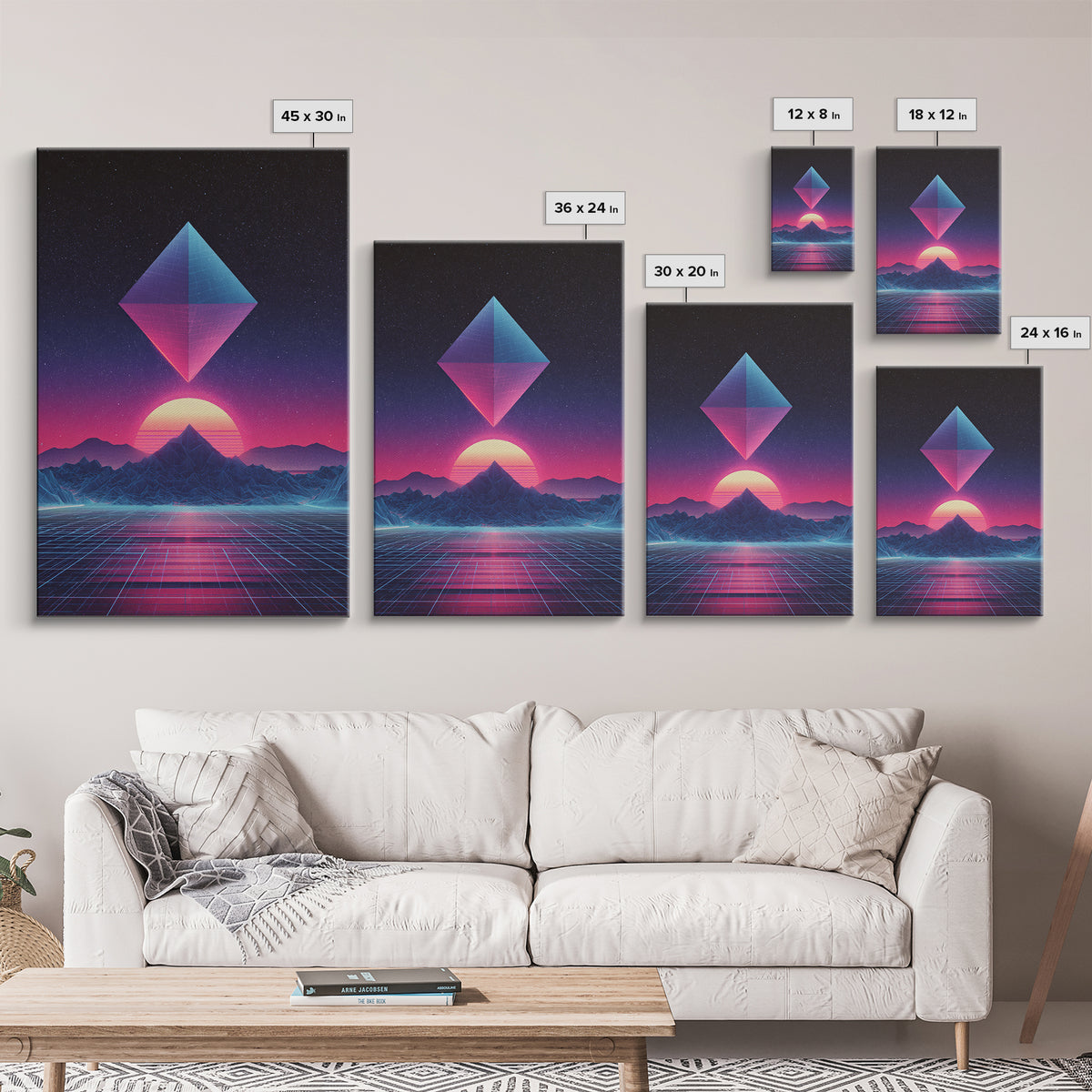 Futuristic Neon Pyramid Sunset Scene Wall Art Featuring Geometric Mountains With A Vibrant Canvas Print
