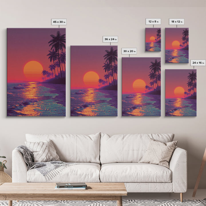 Vibrant Neon Sunset Over Tropical Beach With Palm Trees Wall Art For Modern Home Decor And Living Room Canvas Print