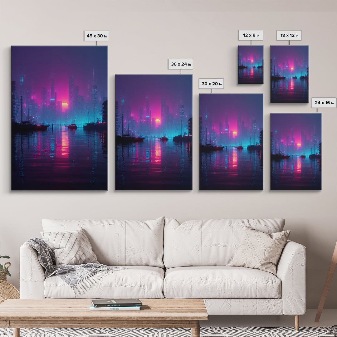Futuristic Neon Cityscape With Sun Setting Over Harbor Framed Canvas Print For Cyberpunk Wall Art And Modern Home Decor