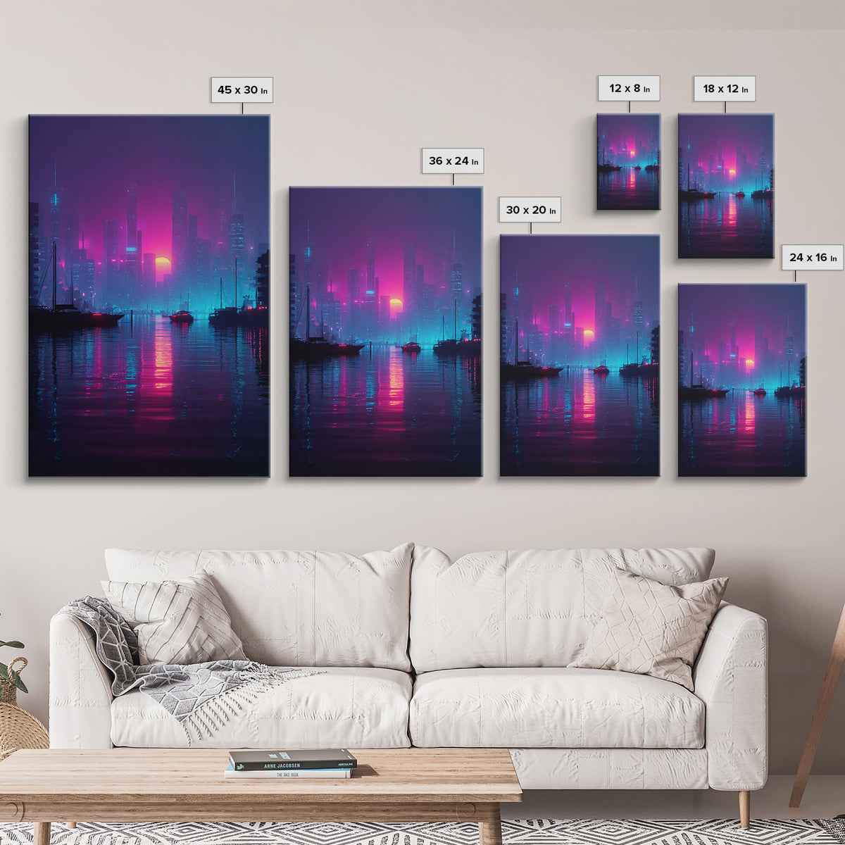 Futuristic Neon Cityscape With Sun Setting Over Harbor Framed Canvas Print For Cyberpunk Wall Art And Modern Home Decor