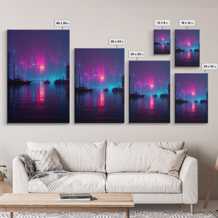 Futuristic Neon Cityscape With Sun Setting Over Harbor Framed Canvas Print For Cyberpunk Wall Art And Modern Home Decor