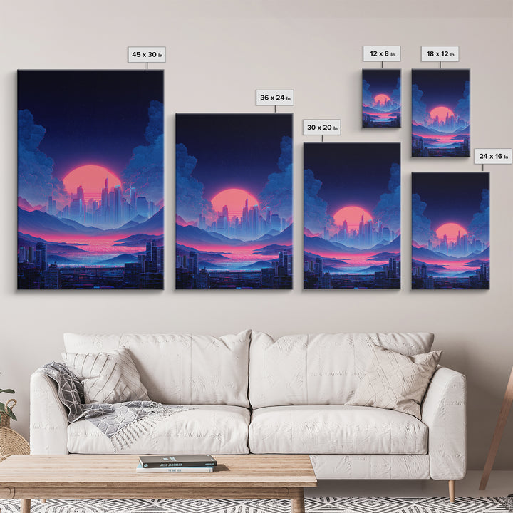 Futuristic Vibrant Neon Cityscape Digital Artwork Cyberpunk Sunset Modern Wall Art Large Framed Canvas Print