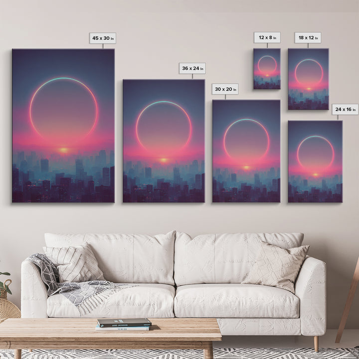 Mystical City Sunset With Crescent Neon Ring Over Buildings Framed Canvas Print For Futuristic Wall Art And Modern Decor