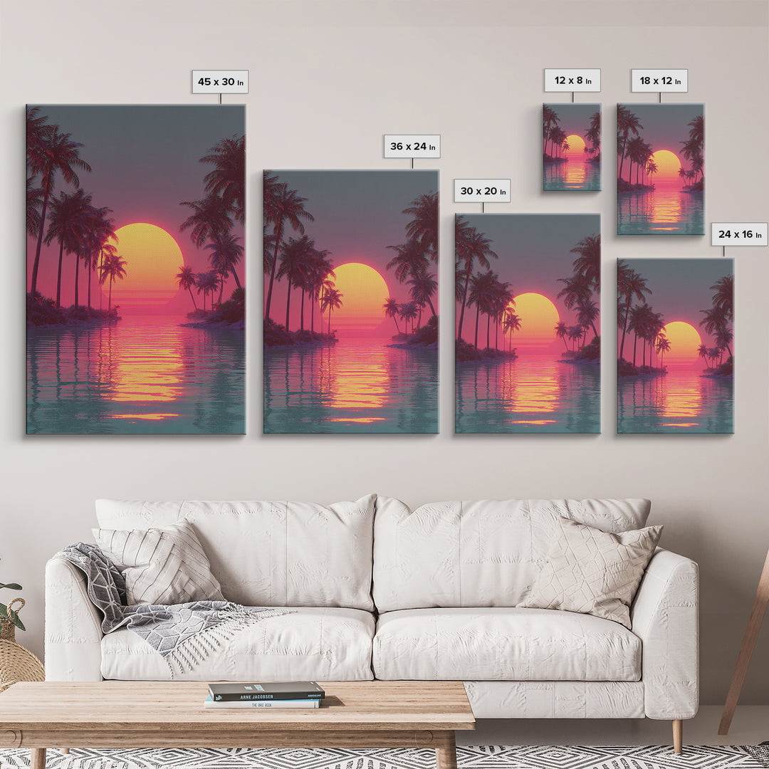 Retro Futuristic Vibrant Palm Trees Sunset With Neon Pink Sky Canvas Print Tropical Wall Art Coastal Decor Modern Wall Art