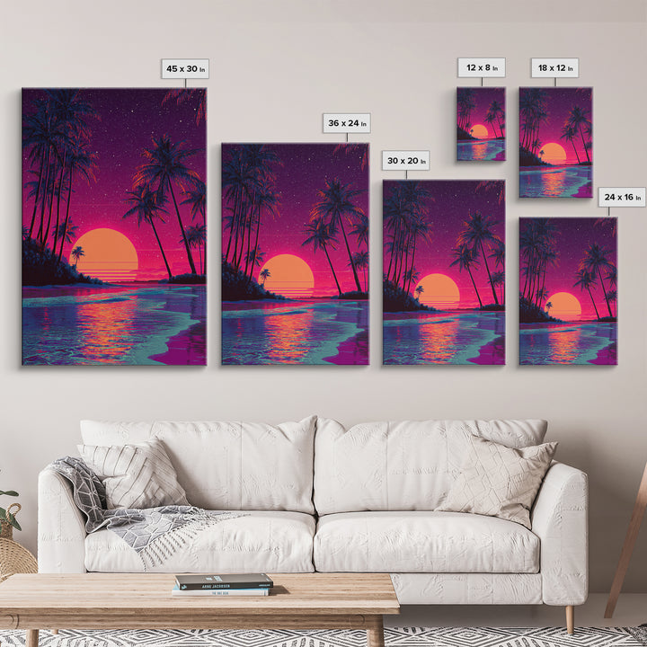Retro Tropical Sunset With Palm Trees And Starry Sky Wall Art Canvas Print For Boho And Coastal Bedroom Decor