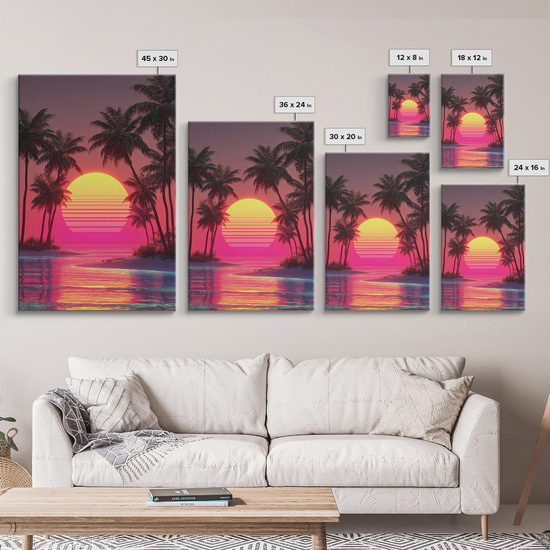 Dreamy Pink Sunset Tropical Island Palm Trees Calm Water Canvas Print Wall Art For Coastal Home Decor