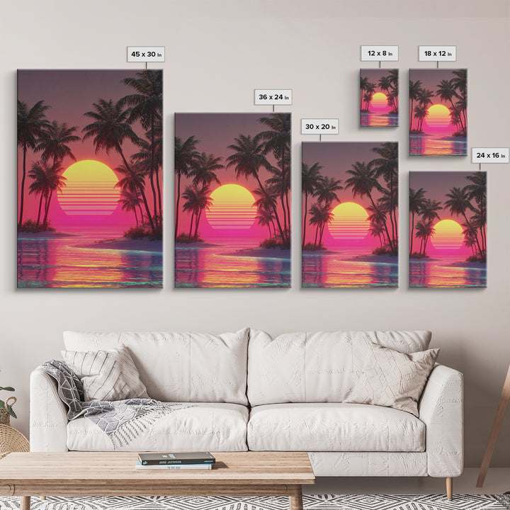 Dreamy Pink Sunset Tropical Island Palm Trees Calm Water Canvas Print Wall Art For Coastal Home Decor