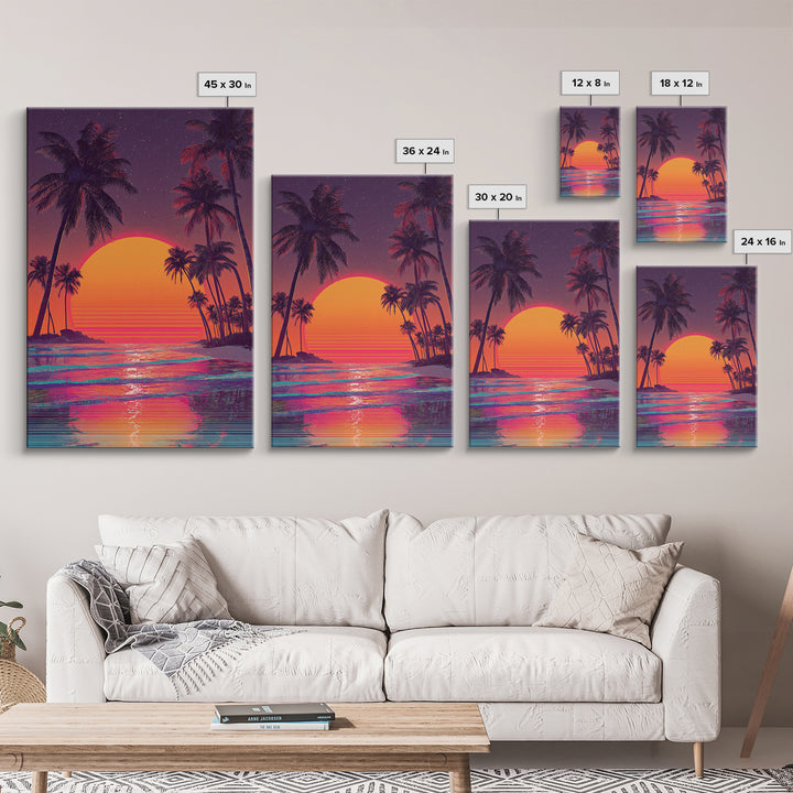 Vibrant Retro Sunset With Palm Trees Beach Scene Wall Art Canvas Print For Modern Home Decor And Coastal Wall Decor