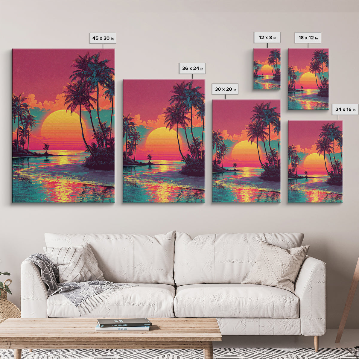 Vibrant Sunset Tropical Landscape With Palm Trees And Ocean View - Framed Canvas Print Coastal Wall Art For Home Decor