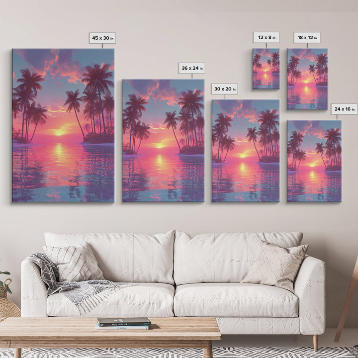 Tropical Sunset Palm Trees Over Water Vibrant Pink And Orange Sky Canvas Print For Modern Wall Art And Home Decor