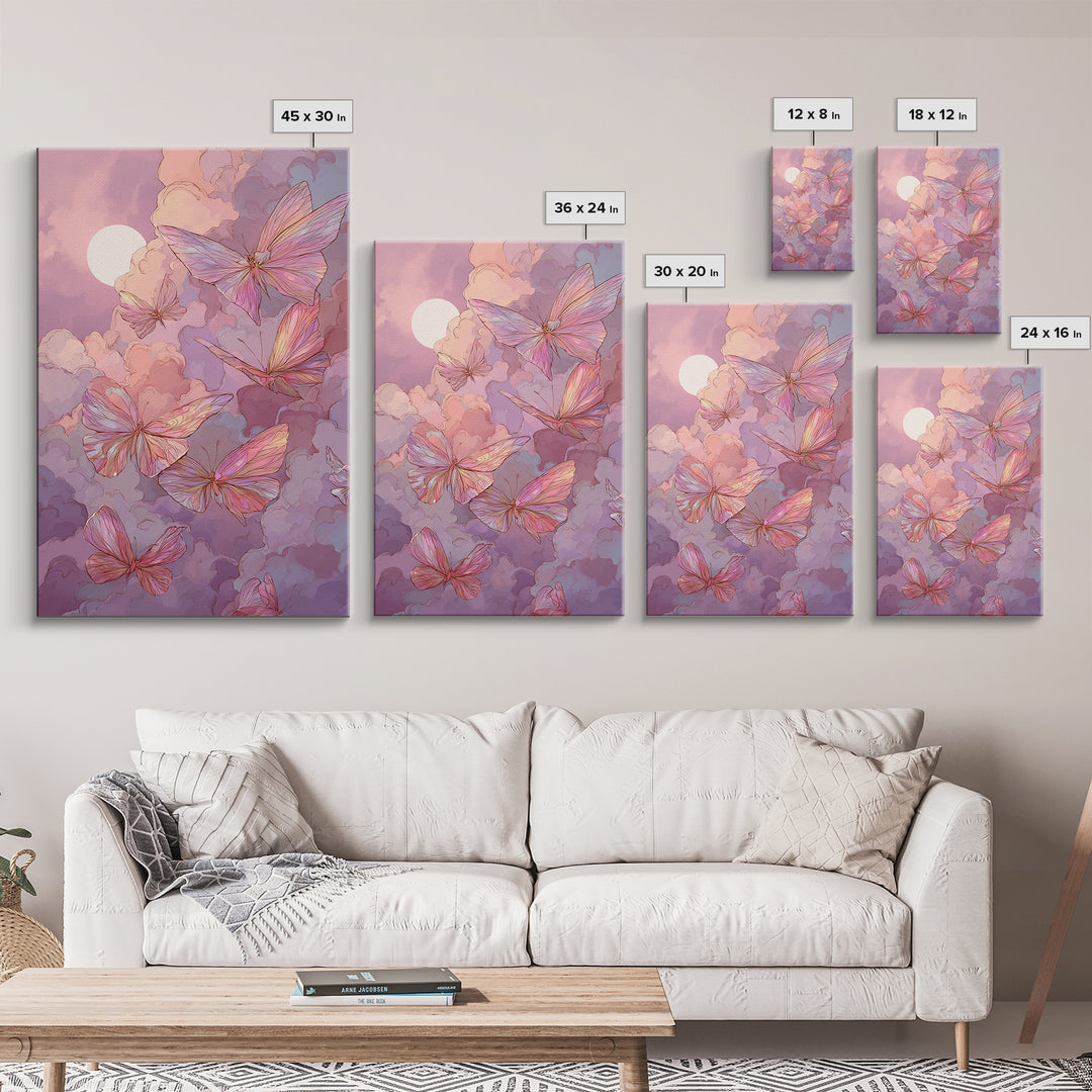 Pink Butterfly Moonlit Clouds Wall Art, Whimsical Nursery Decor, Celestial Art Print, Pastel Girls Room Decor, Gift For Her