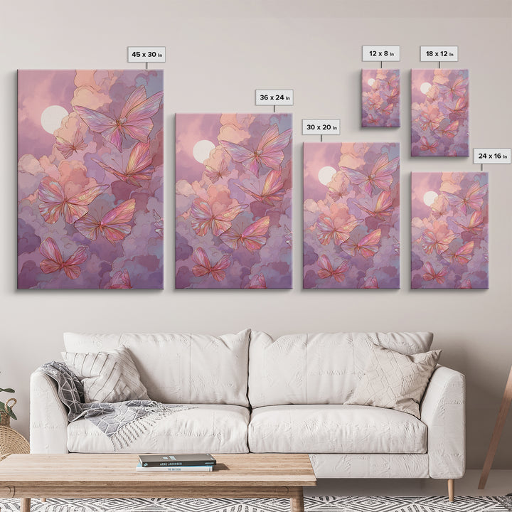 Pink Butterfly Moonlit Clouds Wall Art, Whimsical Nursery Decor, Celestial Art Print, Pastel Girls Room Decor, Gift For Her