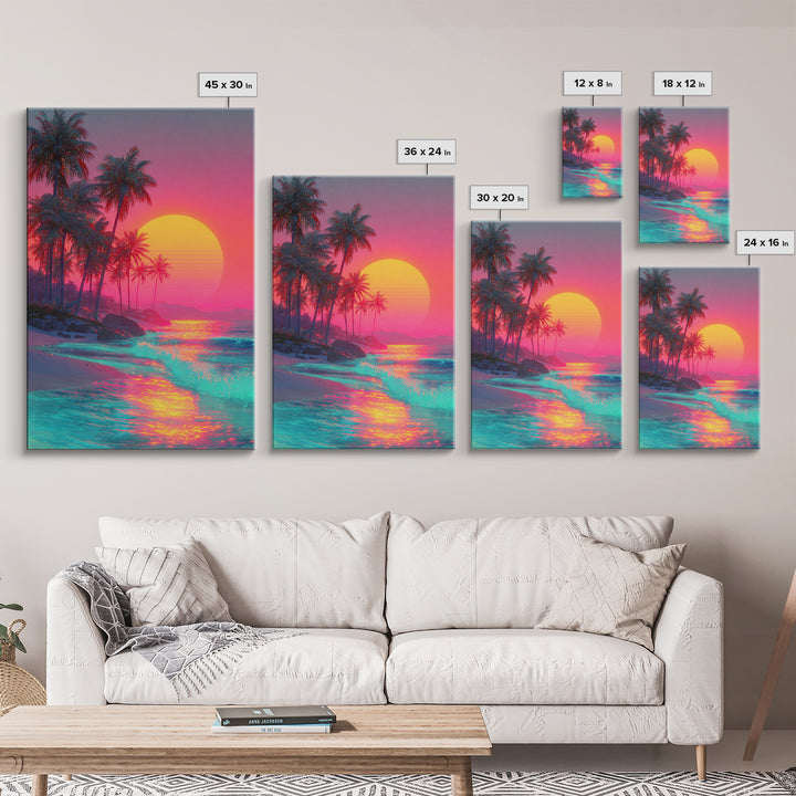 Tropical Beach With Palm Trees And Vibrant Sunset Reflections Large Framed Canvas Print Wall Art