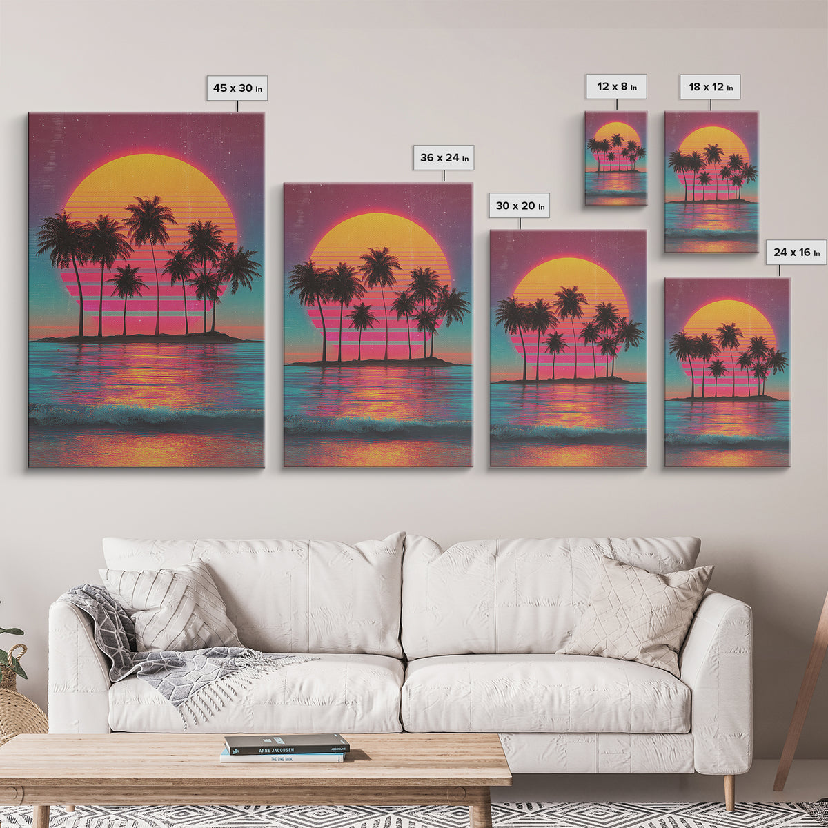 Retro Sunset With Palm Trees Against Gradient Sky Vibrant Framed Canvas Print For Tropical Wall Art And Home Decor