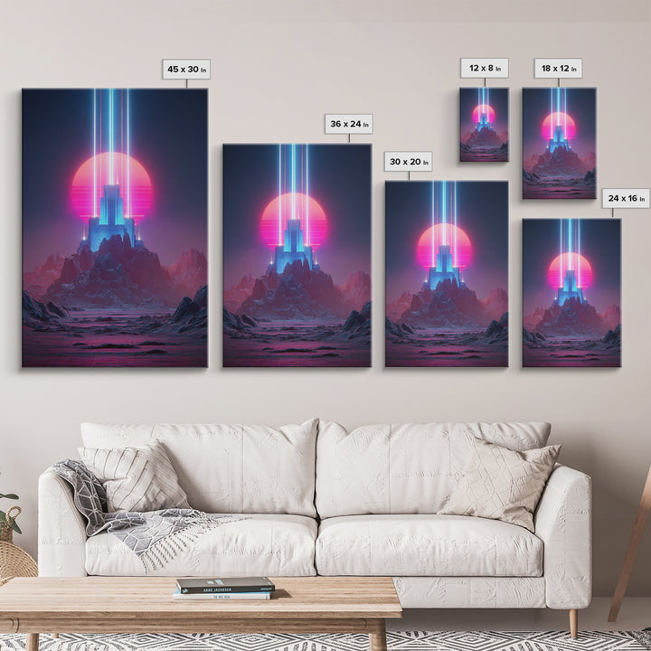 Retro Futuristic Neon Cityscape Digital Art Modern Wall Art Framed Canvas Print For Home Decor