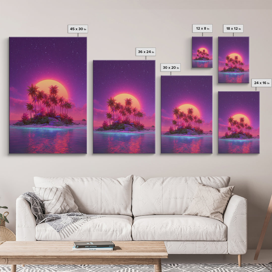 Neon Sunset Tropical Island With Palm Trees Canvas Print Vibrant Wall Art For Coastal Decor And Trendy Home Decor